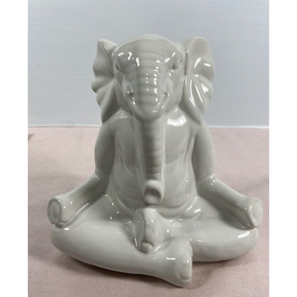 CELADON WHITE  PORCELAIN YOGA ELEPHANT FIGURINE 6.5” Tall